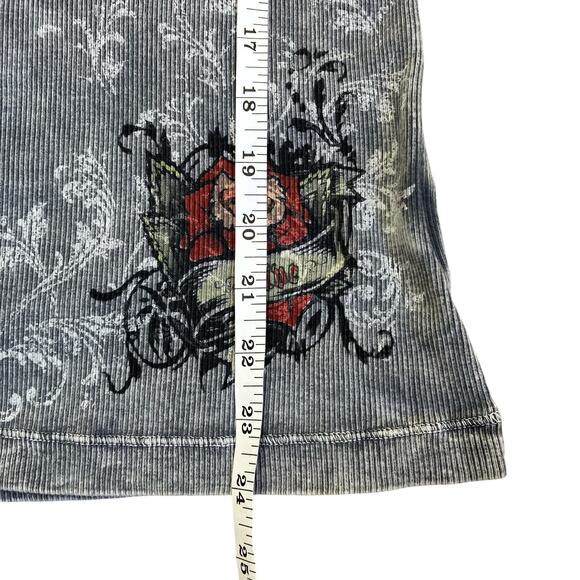 One World Sz L Vtg Y2K Grunge Rose Graphic Print Henley Top 3/4 Grey Distressed - Picture 15 of 16